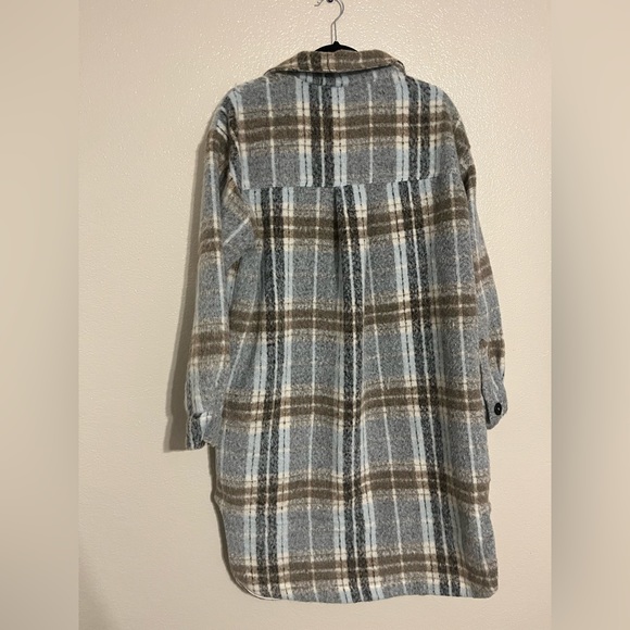 Forever 21 Plaid Blue Longline Flannel Jacket Size Large - Picture 2 of 7